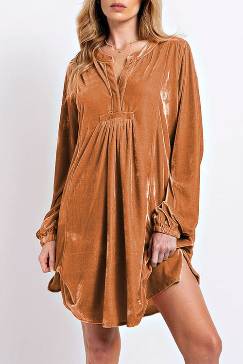 Chestnut Split Neck Velvet Tunic Dress