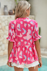 Rose Abstract Print Smocked Puff Sleeve V Neck Peplum Blouse