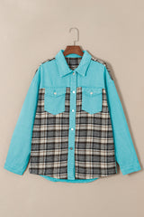 Sky Blue Plaid Patchwork Pockets Denim Jacket