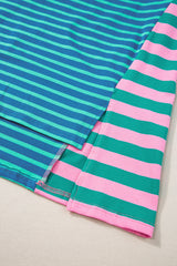 Blue Stripe Patchwork Slits Baggy T Shirt