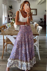 Purple Floral Print Shirred High Waist Maxi Skirt