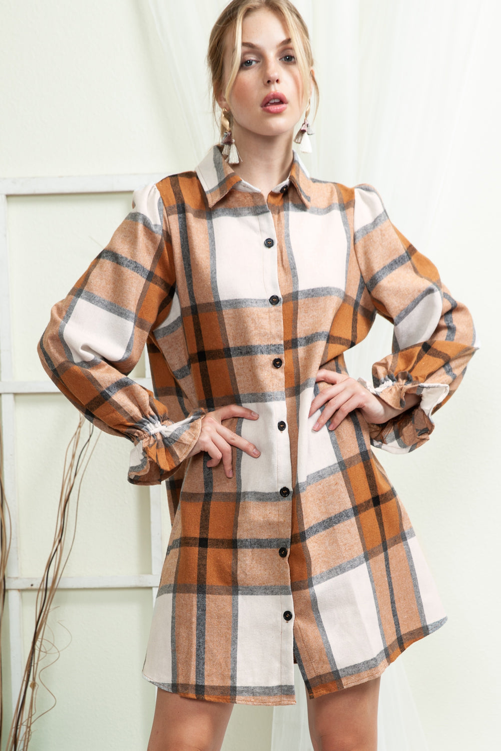 Khaki Plaid Pattern Collared Neck Ruffled Sleeve Shirt Dress