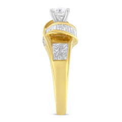 14K Two-Toned Gold Round, Baguette and Princess Cut Diamond Ring (1 1/