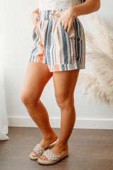 Stripe Vintage Washed Elastic Waist Shorts