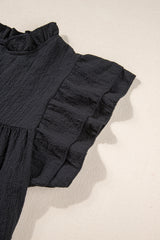 Black Basic Textured V Neck Tiered Ruffle Sleeve Blouse