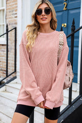 Pink Solid Ribbed Round Neck Pullover Sweatshirt