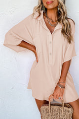 Apricot Plain Half Button Collared Pocket Loose Romper