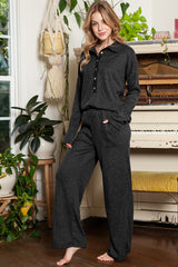 Black Ribbed Henley Shirt and Wide Leg Pants Loungewear Set