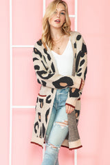 Leopard Print Open Front Pockets Midi Cardigan