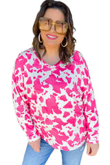 Rose Animal Print Long Sleeve V Neck Plus Size Top