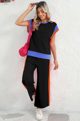 Sky Blue Colorblock Cap Sleeve Tee & Wide Leg Pants Set