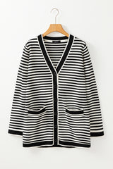 Black Striped Pocketed Button Long Cardigan