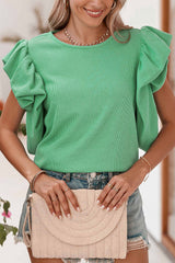 Green Solid Color Ruffle Sleeve Ribbed Blouse