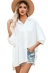 White Plain 3/4 Batwing Sleeve Oversize Button Up Blouse