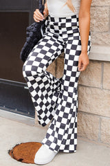 Black Checkered High Rise Flared Pants