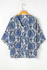 Blue Ethnic Print 3/4 Sleeve V Neck Plus Size Blouse