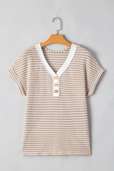 Khaki Striped Button Front V Neck Knitted Top