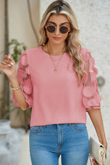 Dusty Pink Applique Mesh Splicing Sleeve Blouse