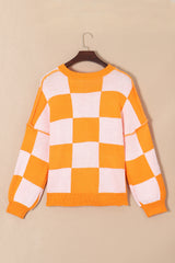 Green Checkered Bishop Sleeve Pullover Sweater