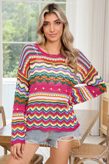 Rose Red Colorblock Striped Hollowed Knit Loose Sweater