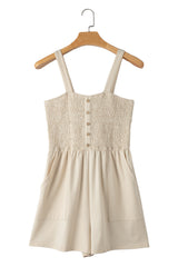 Beige Solid Color Buttons Smocked Sleeveless Romper