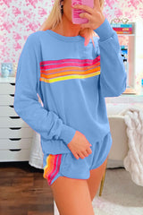 Black Colorful Striped Long Sleeve Pullover and Shorts Set