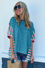 Blue Stripe Patchwork Slits Baggy T Shirt