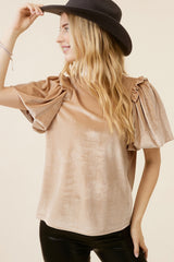 Light Beige Ruched Lantern Sleeve Elegant Blouse