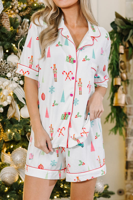 White Christmas Short Sleeve Shirt and Shorts Loungewear Set