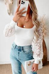 White Lace Sleeves Square Neck Bodysuit