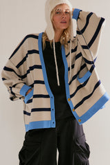 White Stripe Colorblock Drop Shoulder Buttoned Loose Cardigan