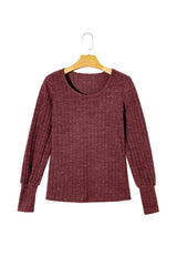 Mineral Red Ribbed Bishop Sleeve Round Neck Top