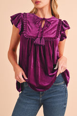 Violet Tied Neck Ruffle Short Sleeve Blouse