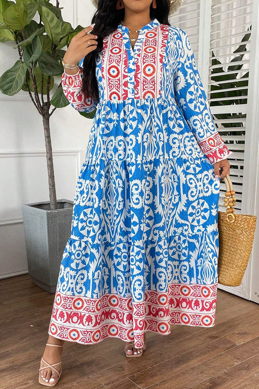 Sky Blue Ethnic Floral Print Notch Neck Plus Size Dress