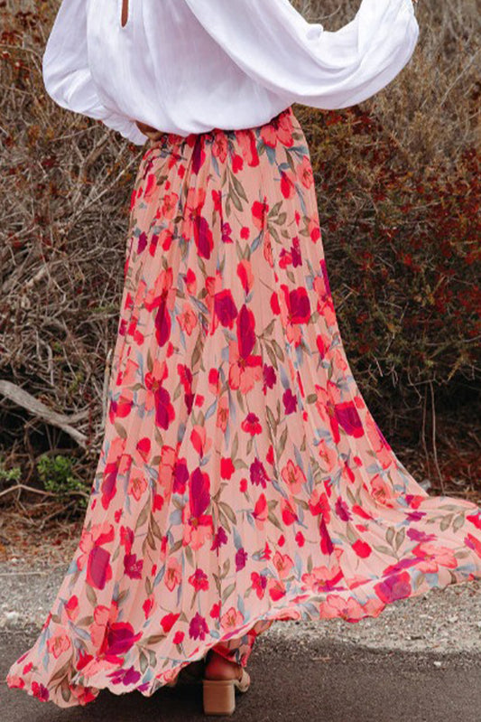 Pink Boho Floral Print High Waist Maxi Skirt