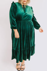 Blackish Green Frill Neck Velvet High Waist Plus Size Dress