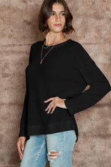 Khaki Plain Waffle Knit Drop Sleeve Side Slits Oversized Top