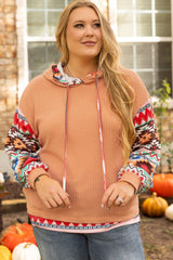 Khaki Geometric Patchwork Waffle Knit Plus Size Hoodie