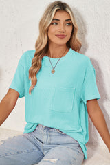 Turquoise Crinkle Rib Knit Pocketed Loose Fit Crew Neck T Shirt