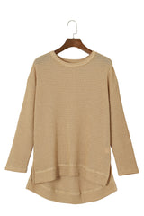 Khaki Plain Waffle Knit Drop Sleeve Side Slits Oversized Top