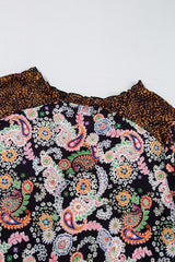 Black Plus Size Paisley Print V Neck Bubble Sleeve Blouse