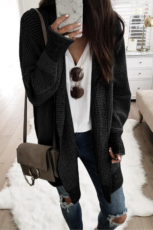 Black Plaid Casual Contrast Trim Knit Cardigan