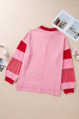 Rose Striped Patchwork Side Split Collared Plus Size Sweatshirt