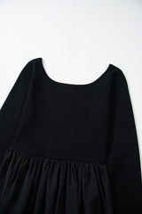 Black Pleated Hem Long Sleeve Ribbed Knit Top