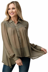 Mesh Blouse Shirt Top With Beaded Jewel Trim