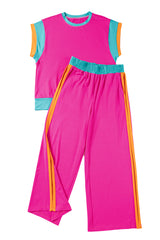 Sky Blue Colorblock Cap Sleeve Tee & Wide Leg Pants Set