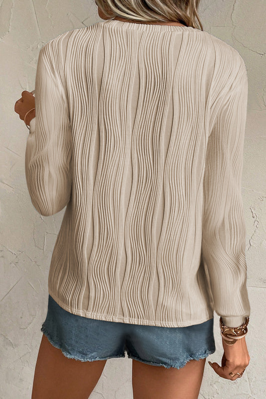 Apricot Wavy Textured Solid Color Drop Shoulder Pullover Top