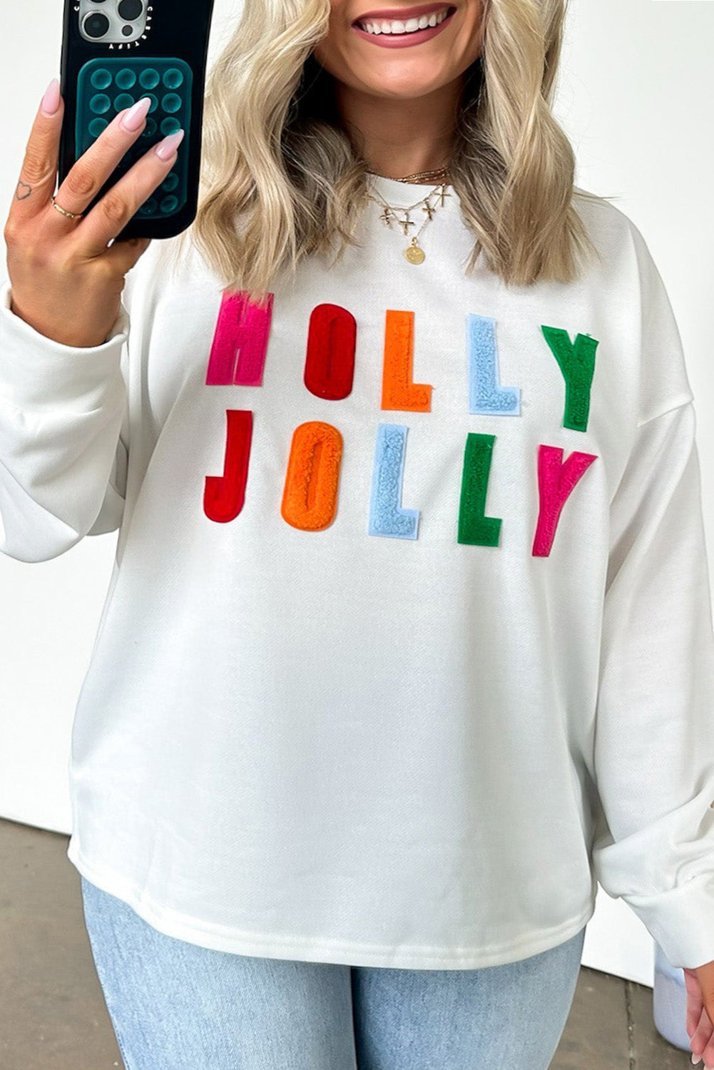 White HOLLY JOLLY Chenille Letter Christmas Plus Size Sweatshirt