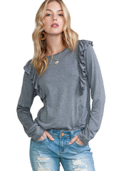 Dark Grey Solid Color Ruffle Long Sleeve Top