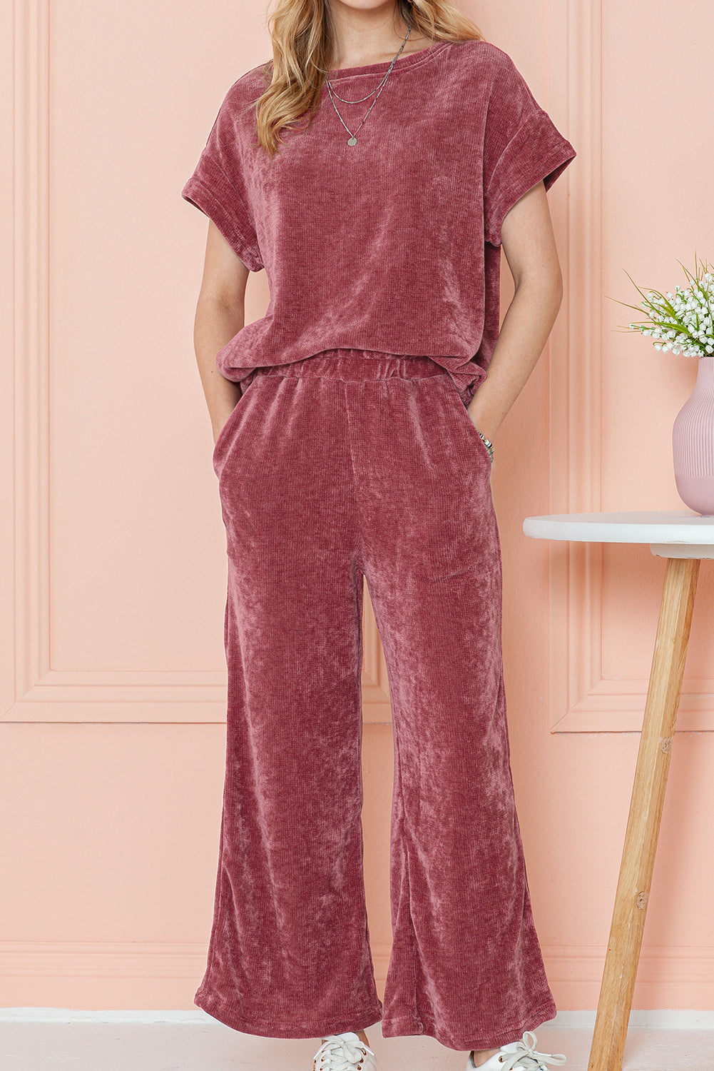 Rose Pink Mineral Wash Corduroy Short Sleeve Top and Crop Pants Set